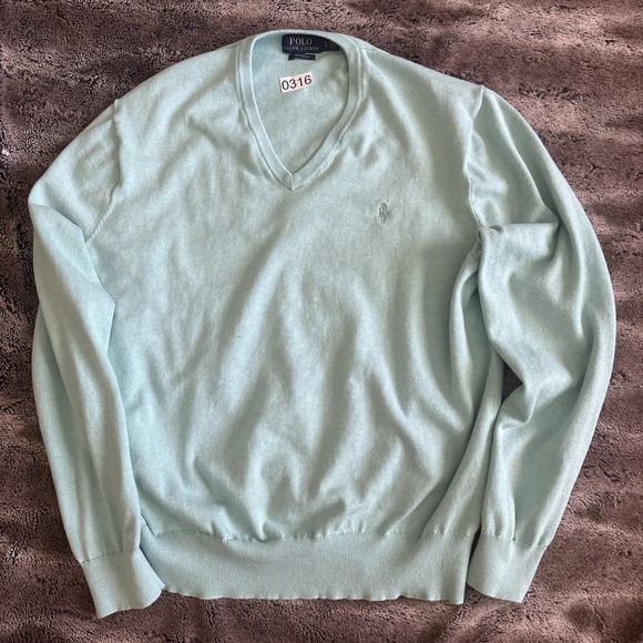 Polo Ralph Lauren V-Neck Sweater Men's XLarge Solid Teal Pony Logo Pima Cotton - Picture 1 of 4